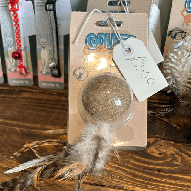 Catnip ball and feathers 